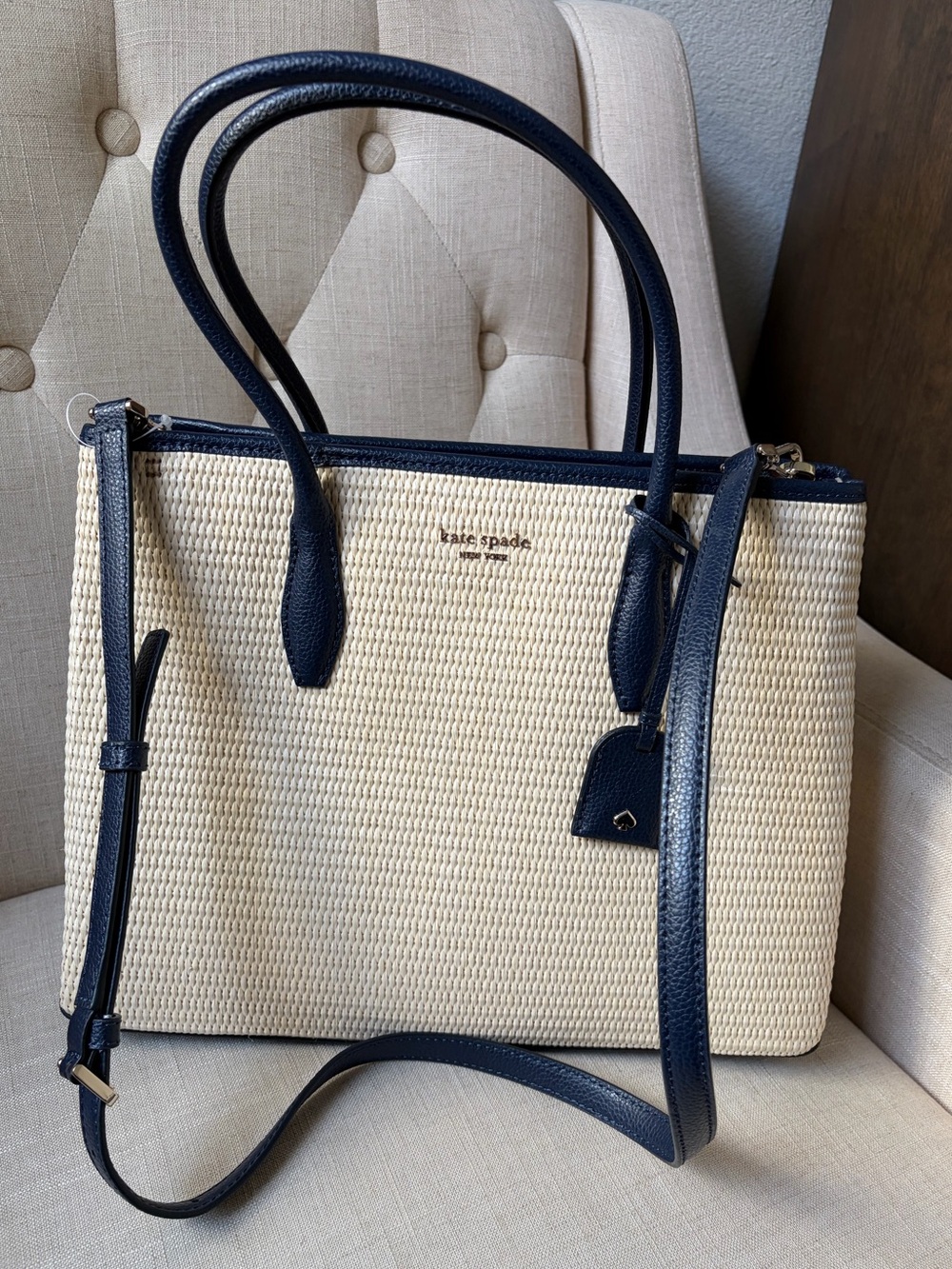 NWT Kate Spade Eva Straw Medium Top Zip Satchel Woven Summer Tote Crossbody